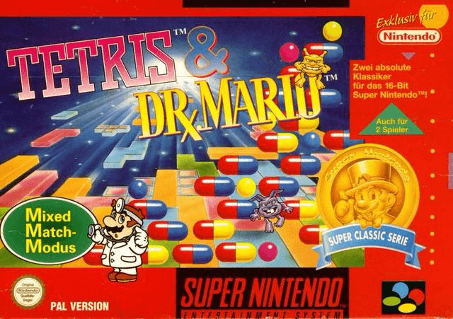 Tetris and Dr. Mario box art for Super Nintendo
